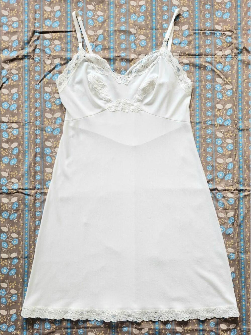 Vintage White Tricot Lace Trimmed Slip Dress Size 36